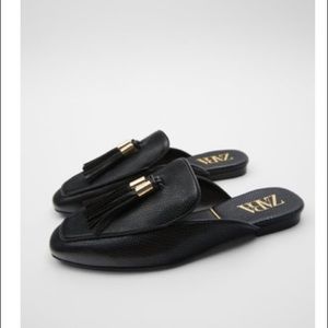 Zara patent black backless loafers